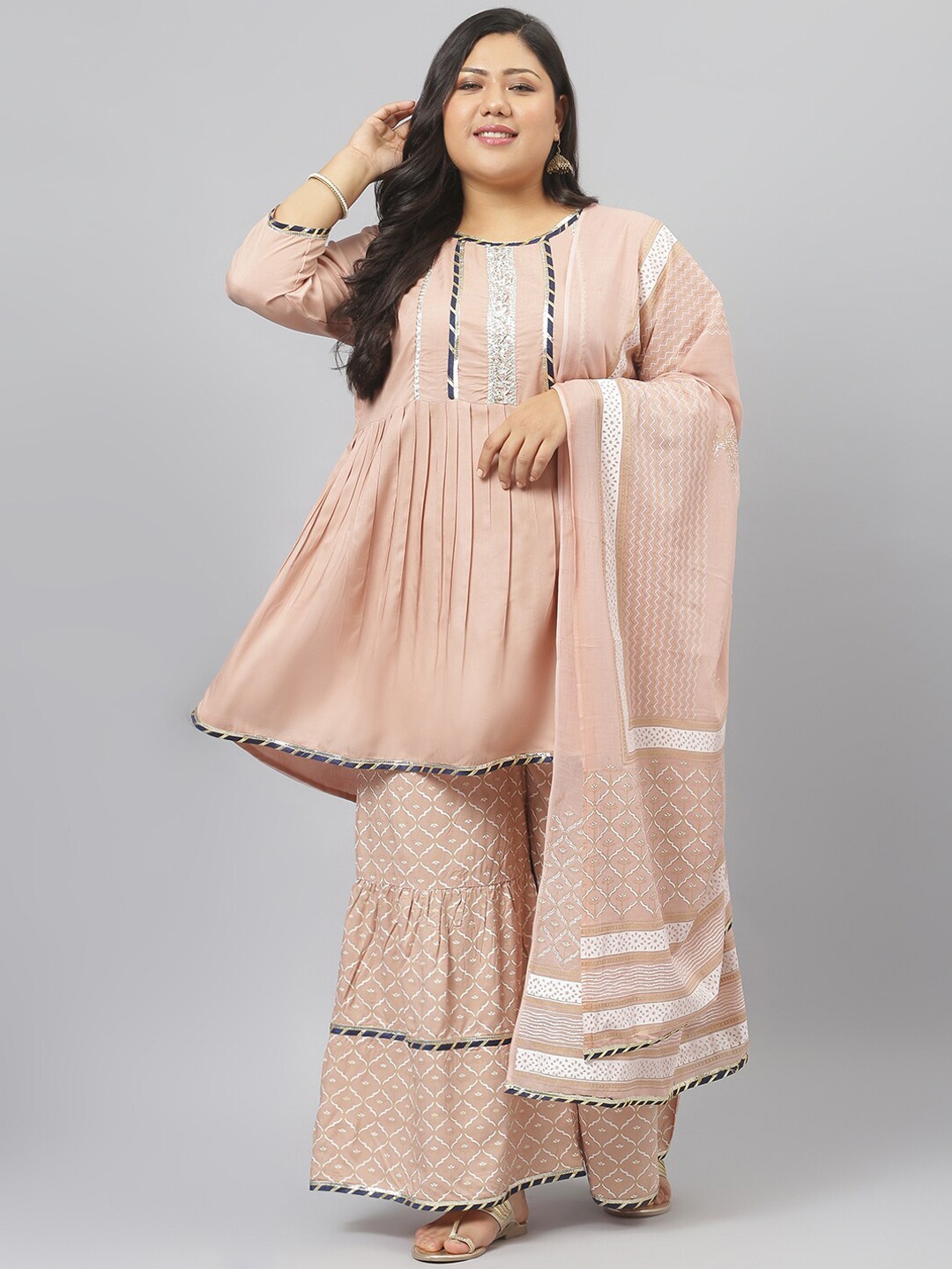

Stylum Women Pleated Gotta Patti Kurti with Sharara & With Dupatta, Beige