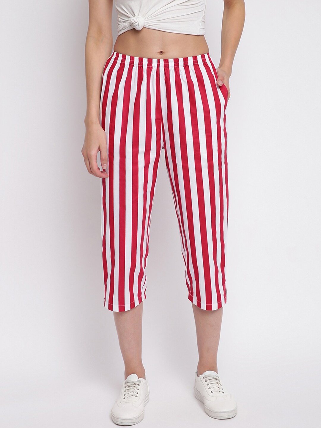 

A.T.U.N. Women Striped Cotton Capris, Red