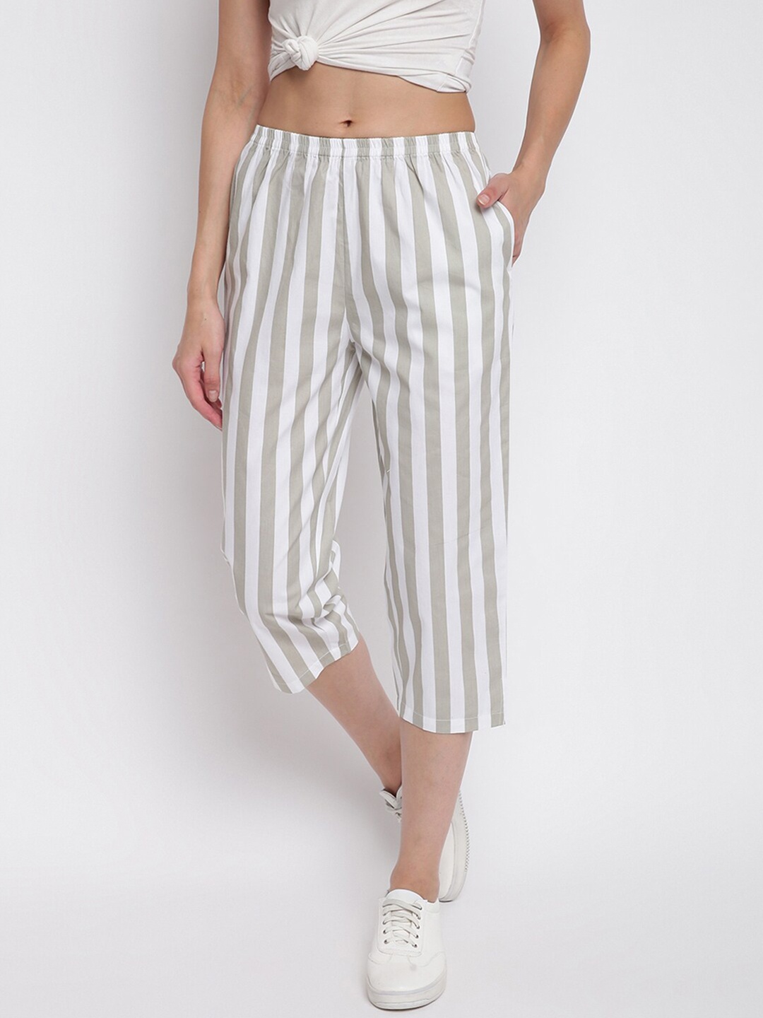 

A.T.U.N. Women Striped Cotton Capris, Grey