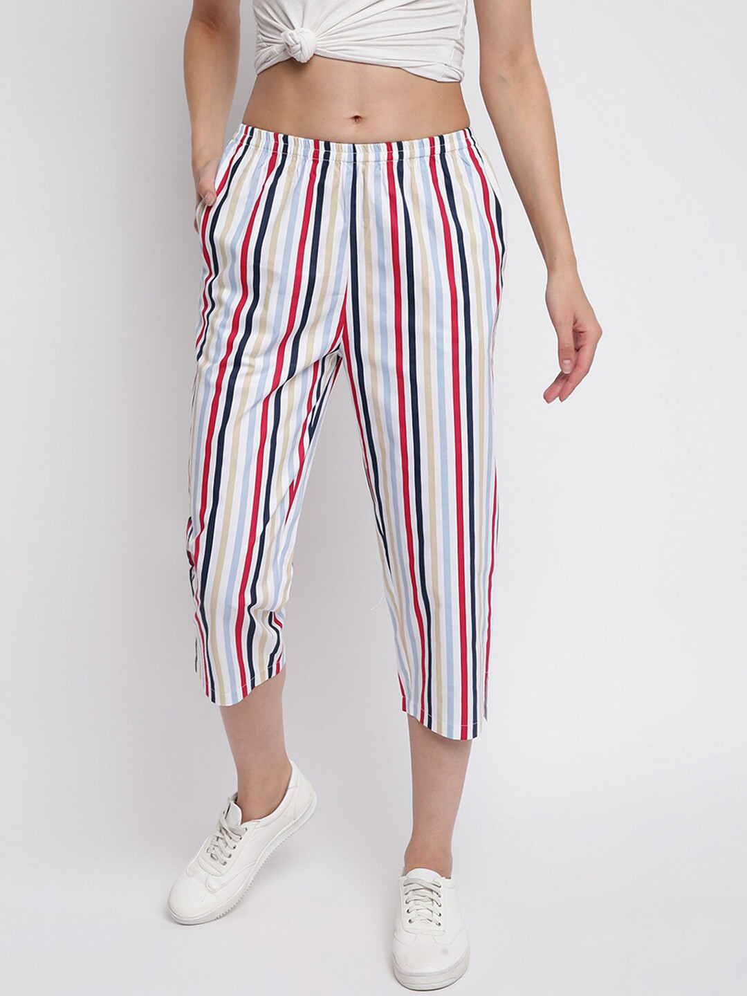 

A.T.U.N. Women Striped Cotton Capris, White