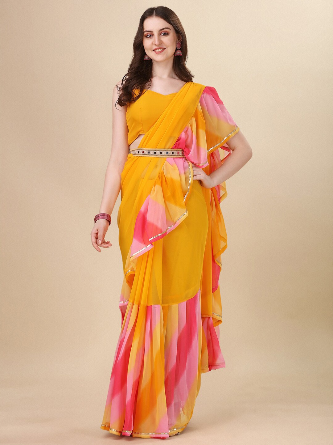 

PMD Fashion Leheriya Printed Gotta Patti Embellished Ruffles Border Saree, Yellow