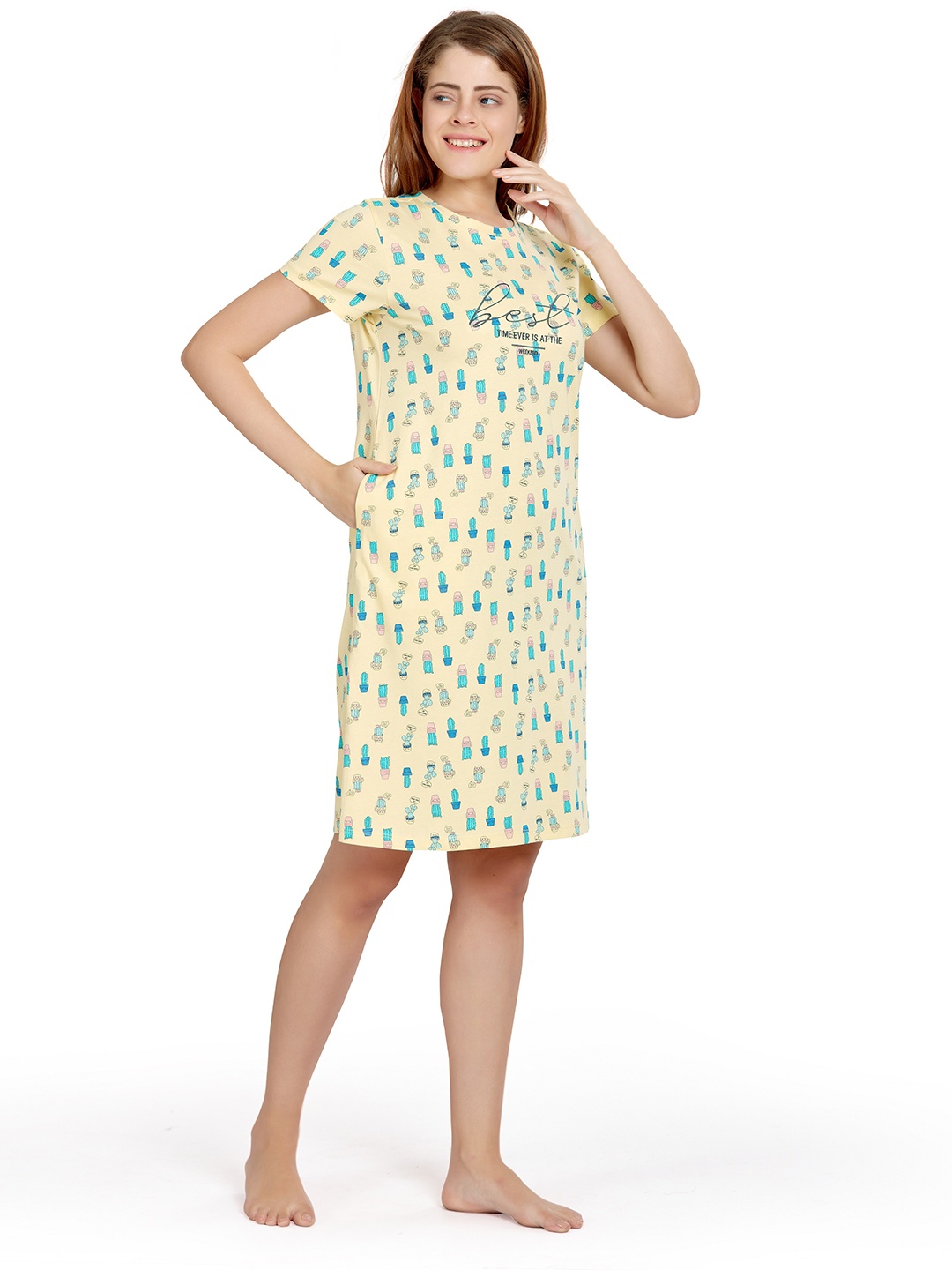 

MAYSIXTY Printed Pure Cotton Nightdress, Yellow