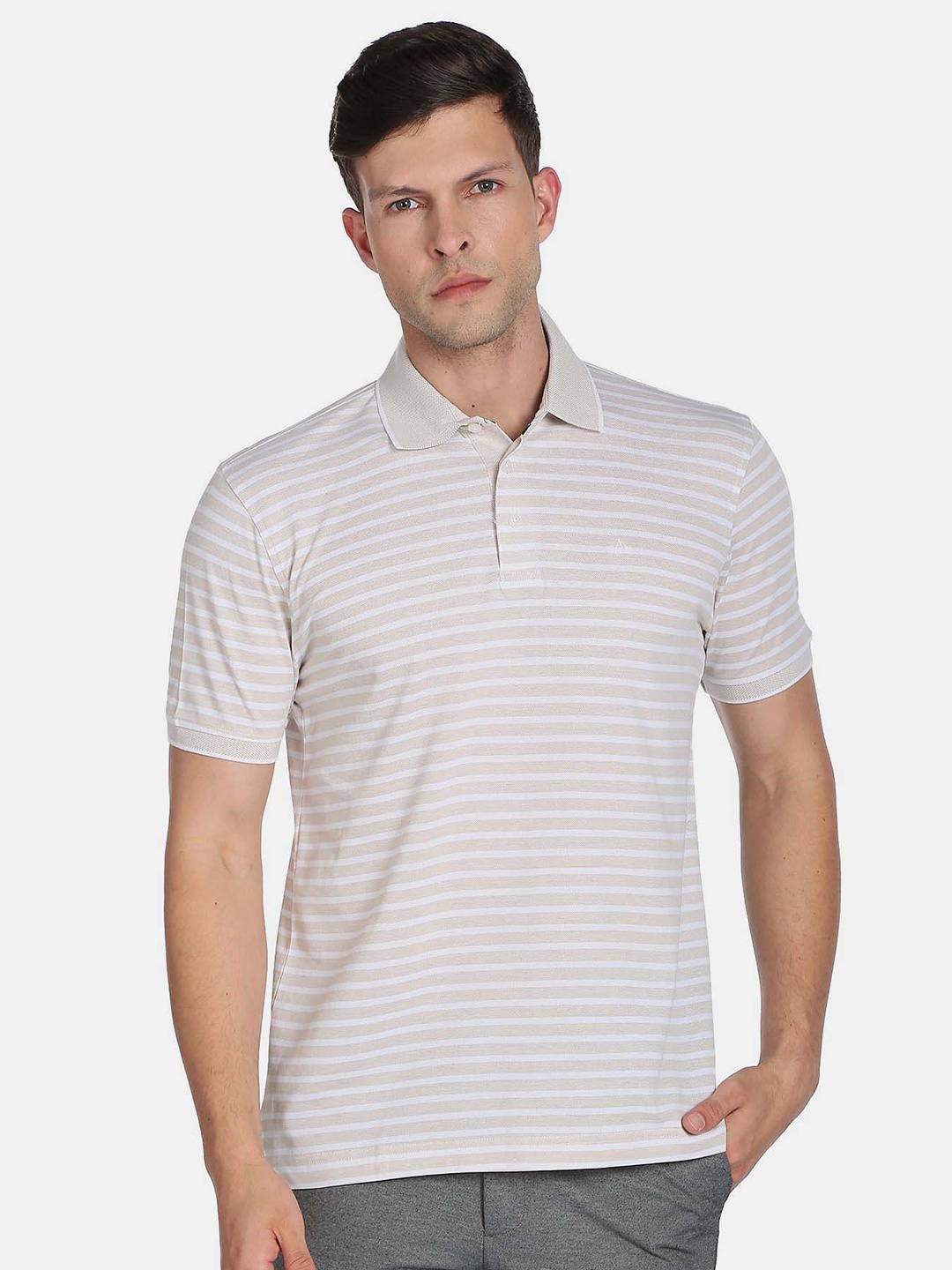 

Arrow Men Striped Polo Collar Cotton T-shirt, Beige