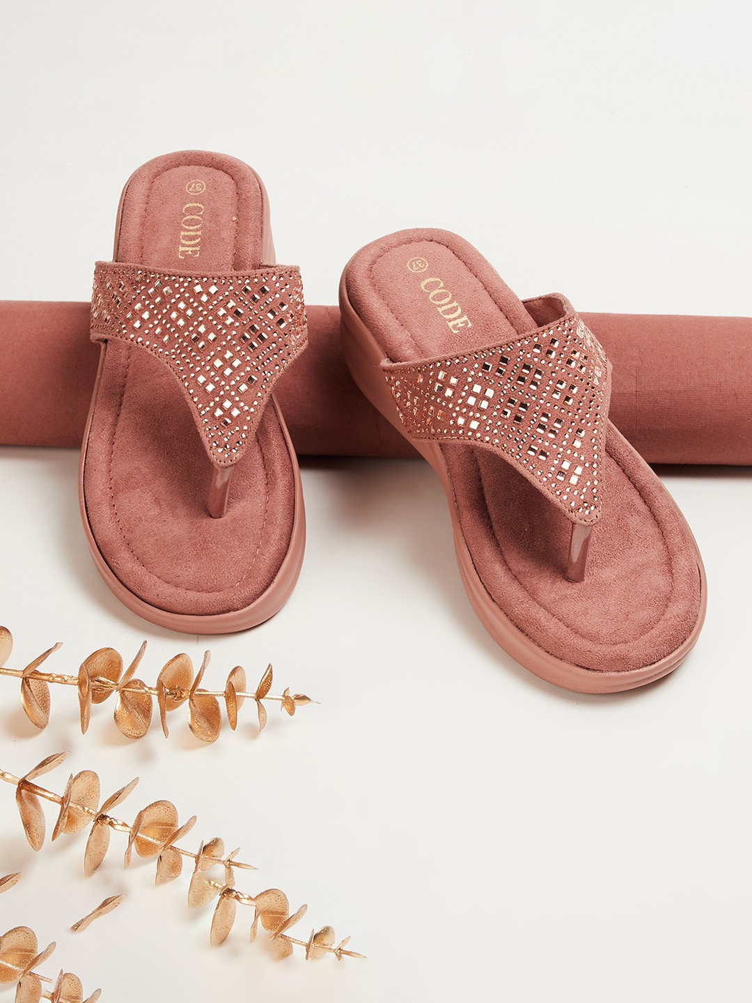 

CODE by Lifestyle Women Pink Embellished T-Strap Flats