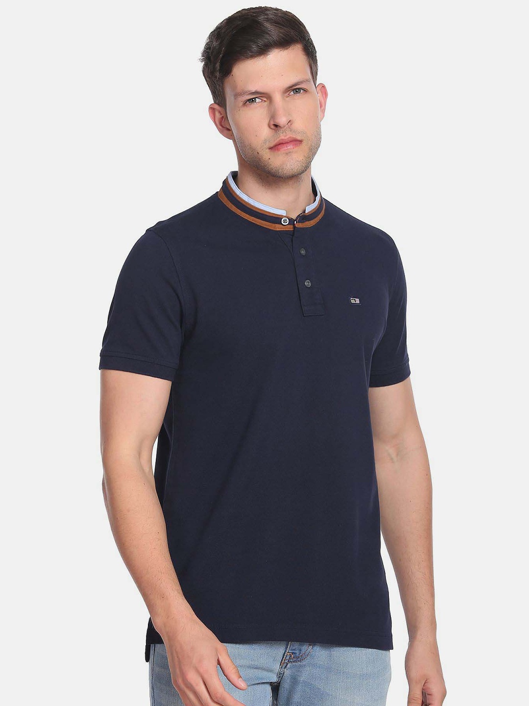 

Arrow Sport Men Mandarin Collar Cotton T-shirt, Blue