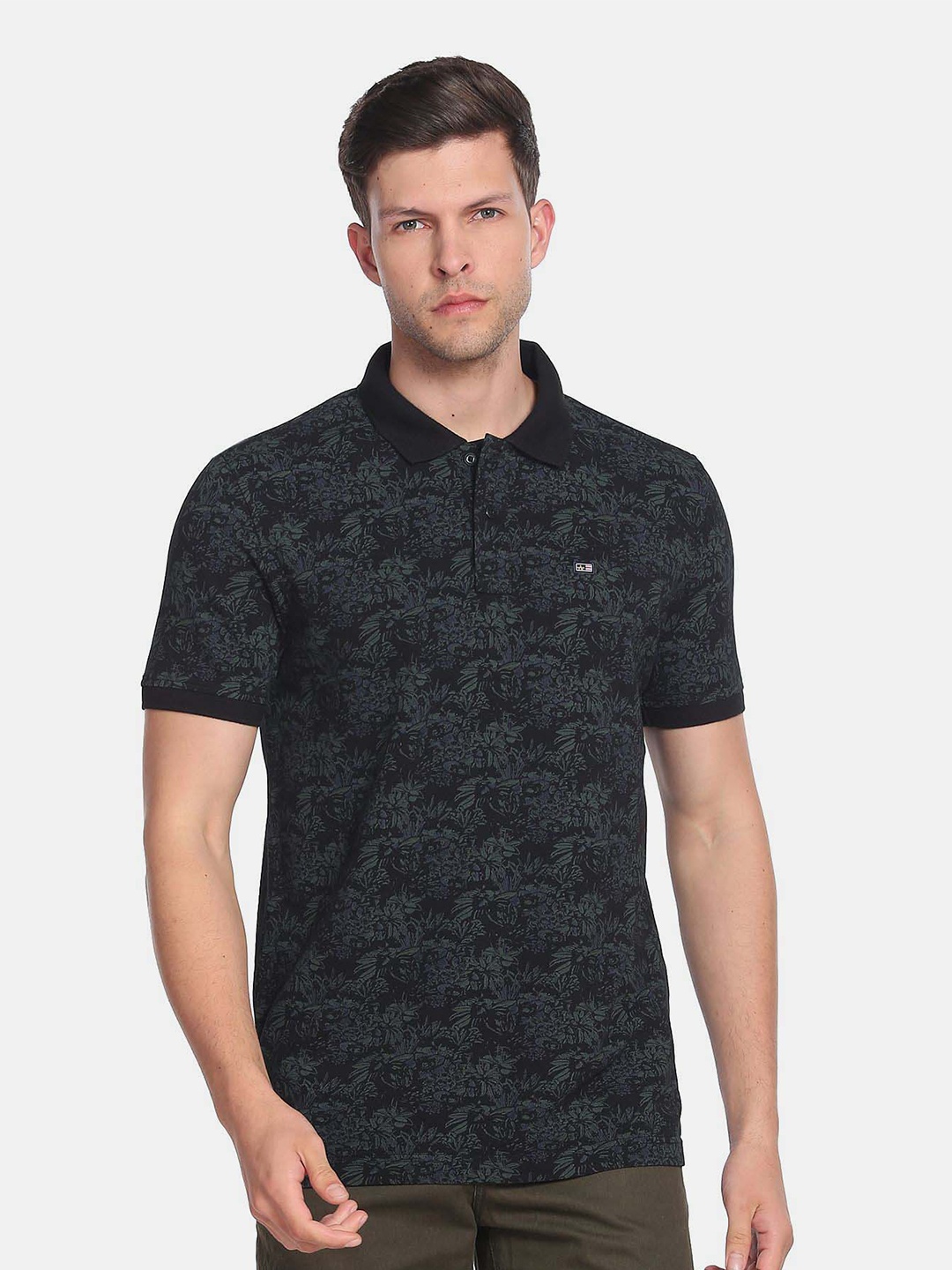 

Arrow Sport Men Floral Printed Polo Collar Pure Cotton T-shirt, Black