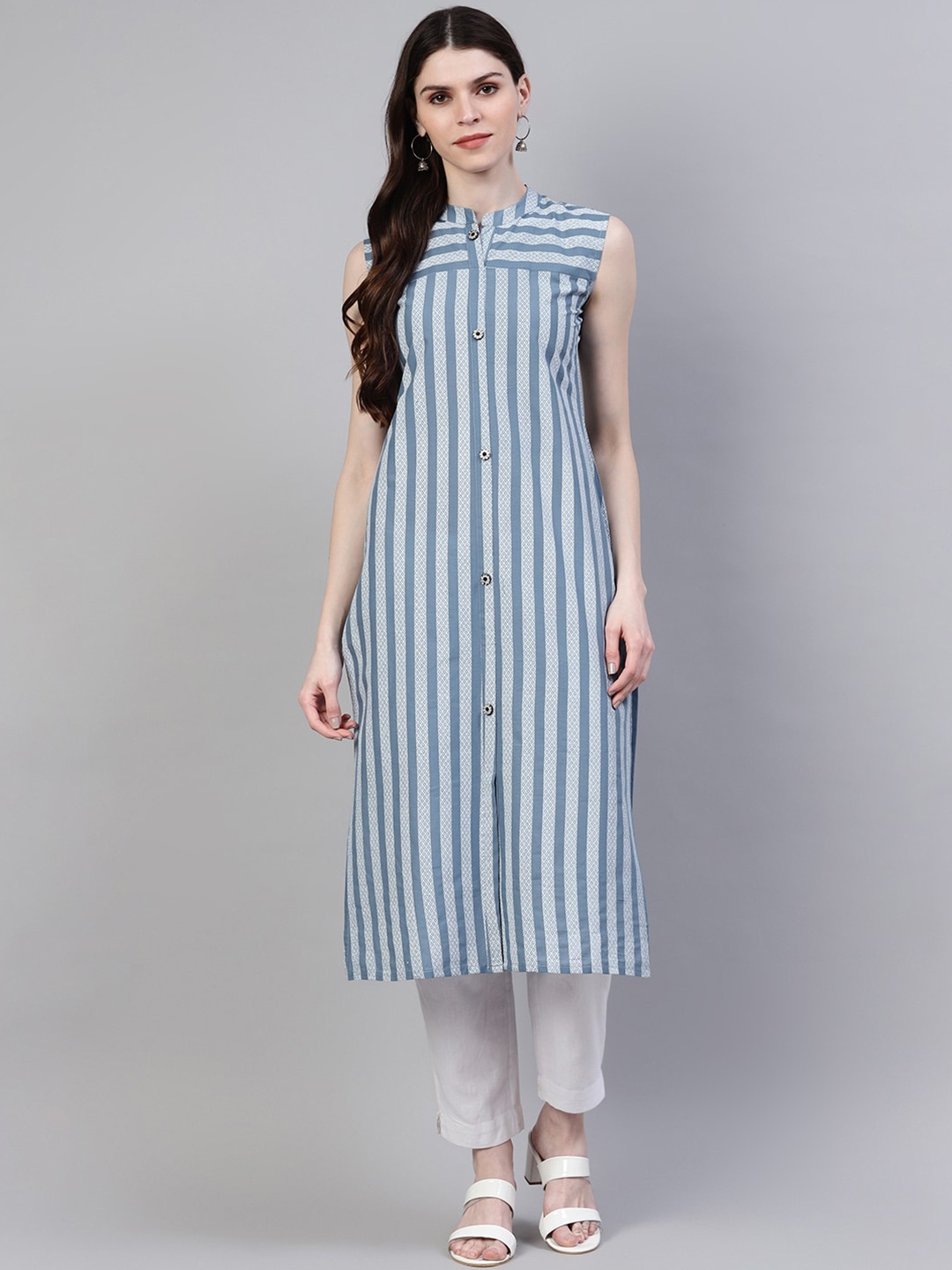 

Stylum Women Striped Band Collar Sleeveless Pure Cotton Kurta, Grey