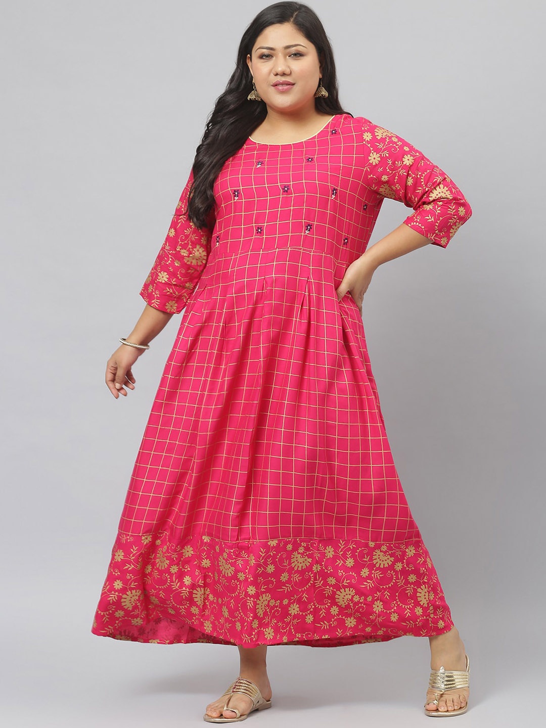 

Stylum Women Plus Size Checked Thread Work Anarkali Kurta, Pink