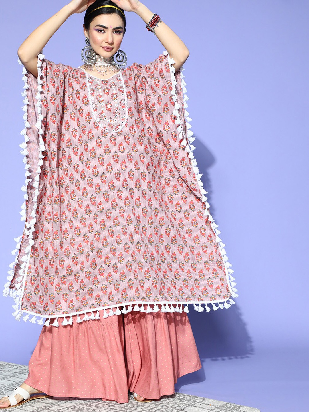 

Stylum Floral Printed Mirror Work Pure Cotton Kaftan Kurta, Peach