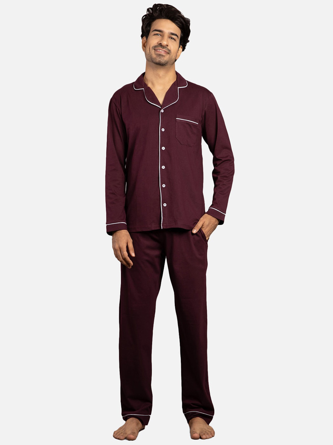 

Nite Flite Men 2 Pieces Pure Cotton Night suit, Burgundy