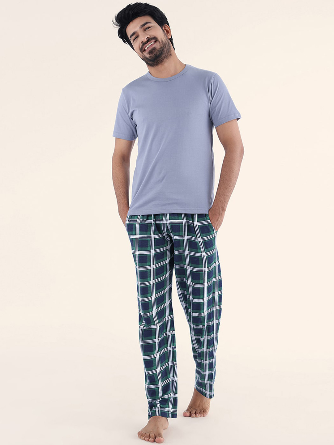 

Nite Flite Men 2 Pieces Checked Pure Cotton Night suit, Grey