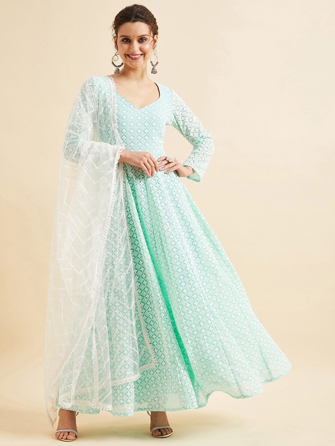 

PANIT Chikankari Embroidered Georgette Fit And Flare Maxi Ethnic Dress With Dupatta, Sea green