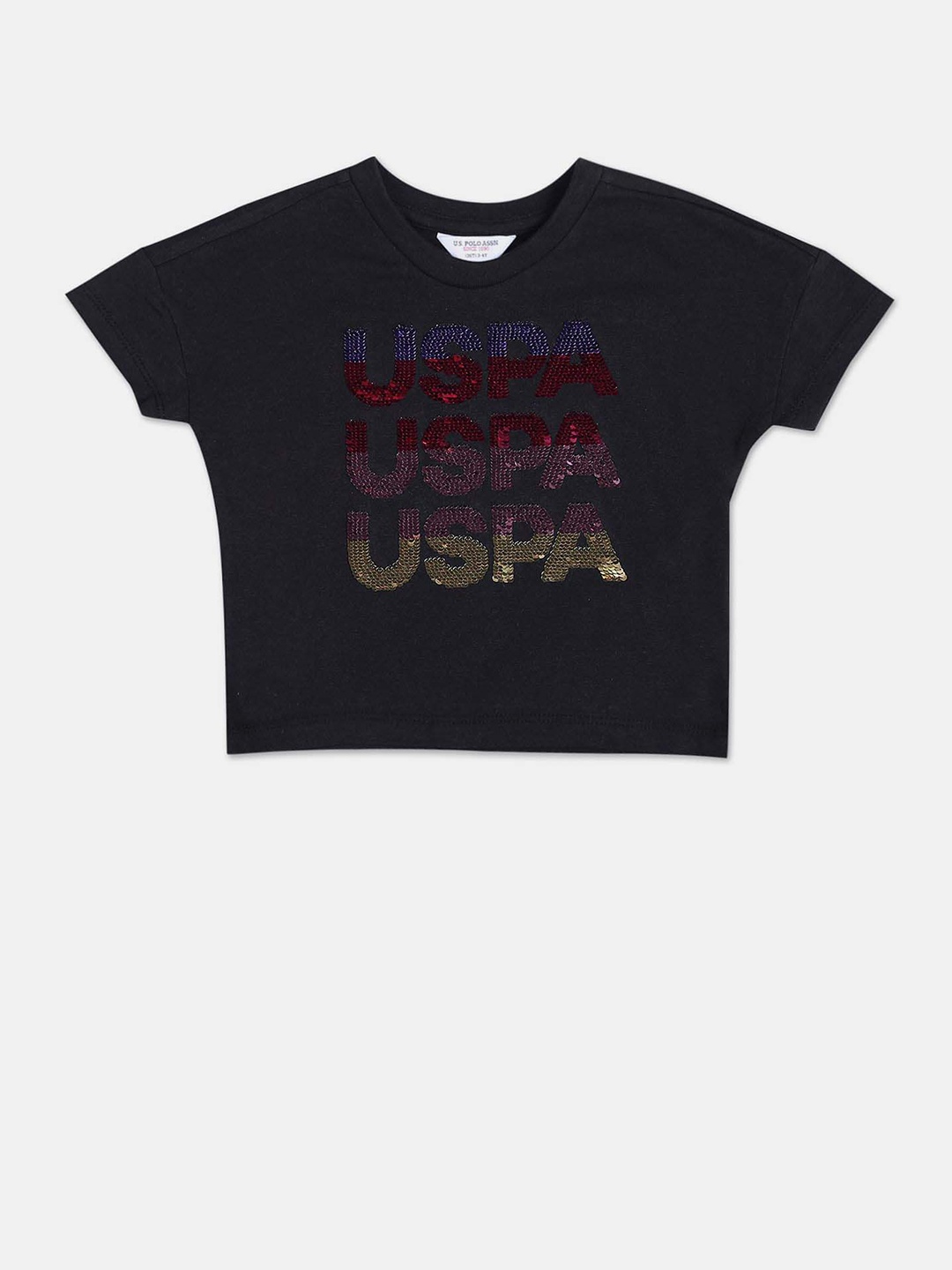 

U.S. Polo Assn. Kids Girls Typography Embellished Pure Cotton T-shirt, Black