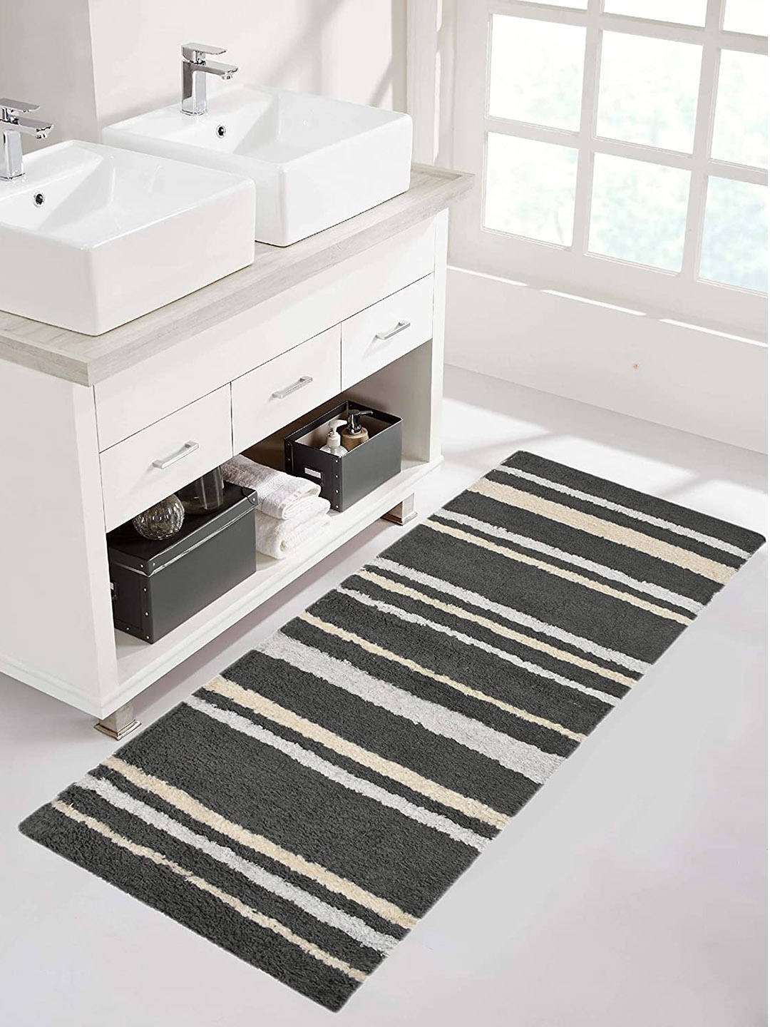 

Homitecture Grey & White Striped Durable Rectangular Floor Runner