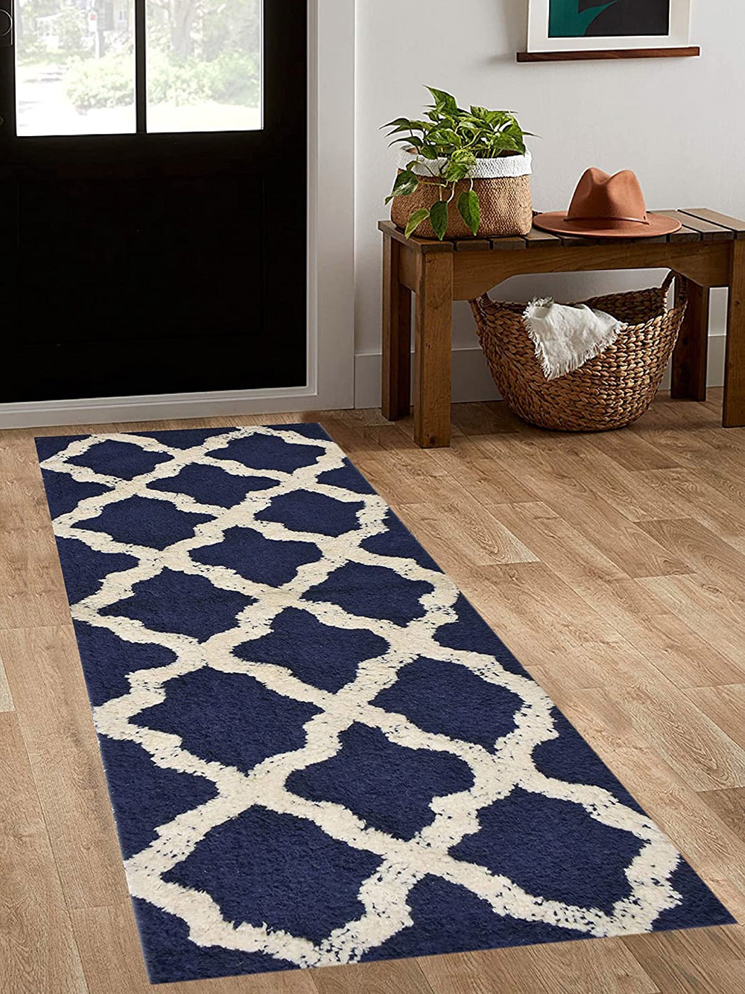 

Homitecture Blue & White Geometric Woven-Designed Floor Runner