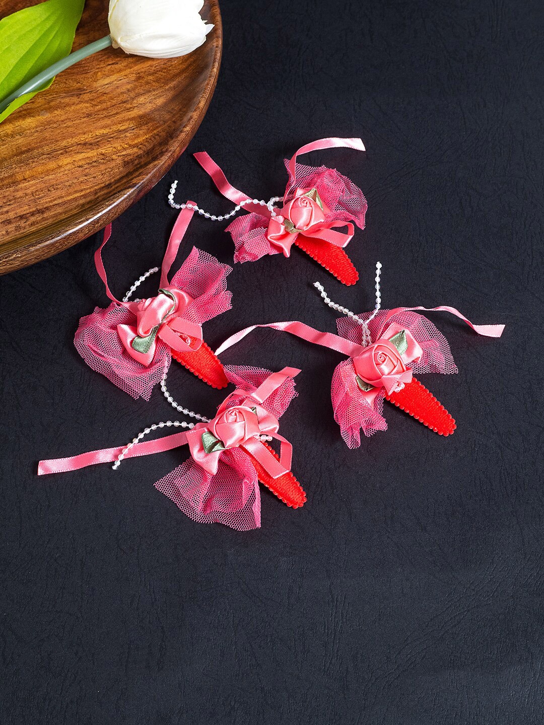 

Golden Peacock Girls Set of 4 Lace Tic Tac Hair Clip, Red