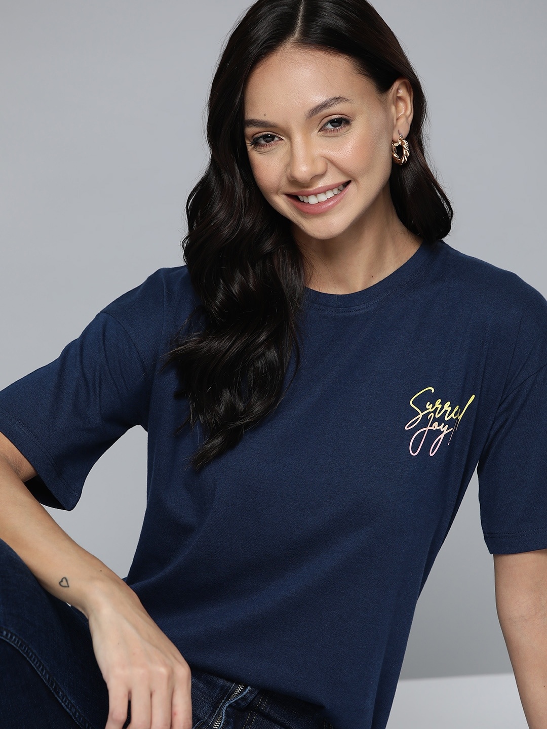 

Mast & Harbour Round Neck Regular Fit Longline T-shirt, Navy blue