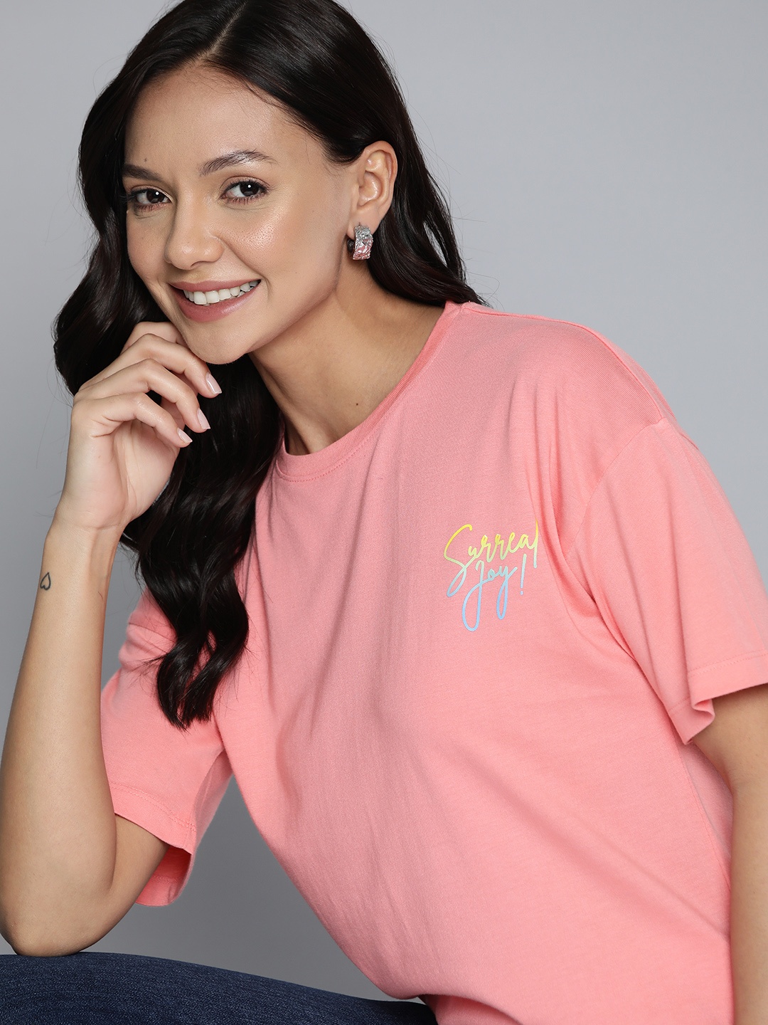 

Mast & Harbour Round Neck Regular Fit Longline T-shirt, Peach