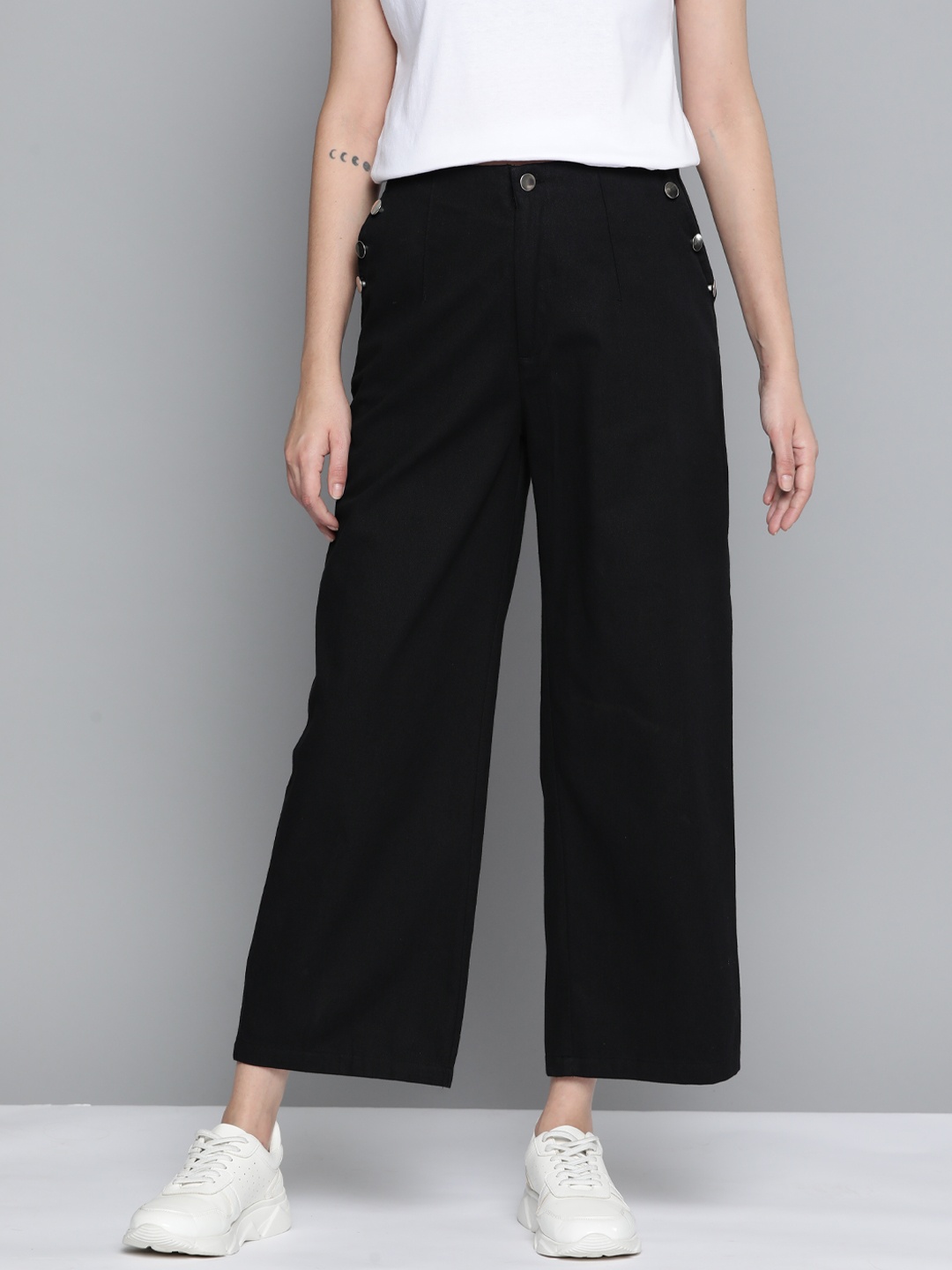 

Mast & Harbour Women Pure Cotton Wide Leg Trousers, Black