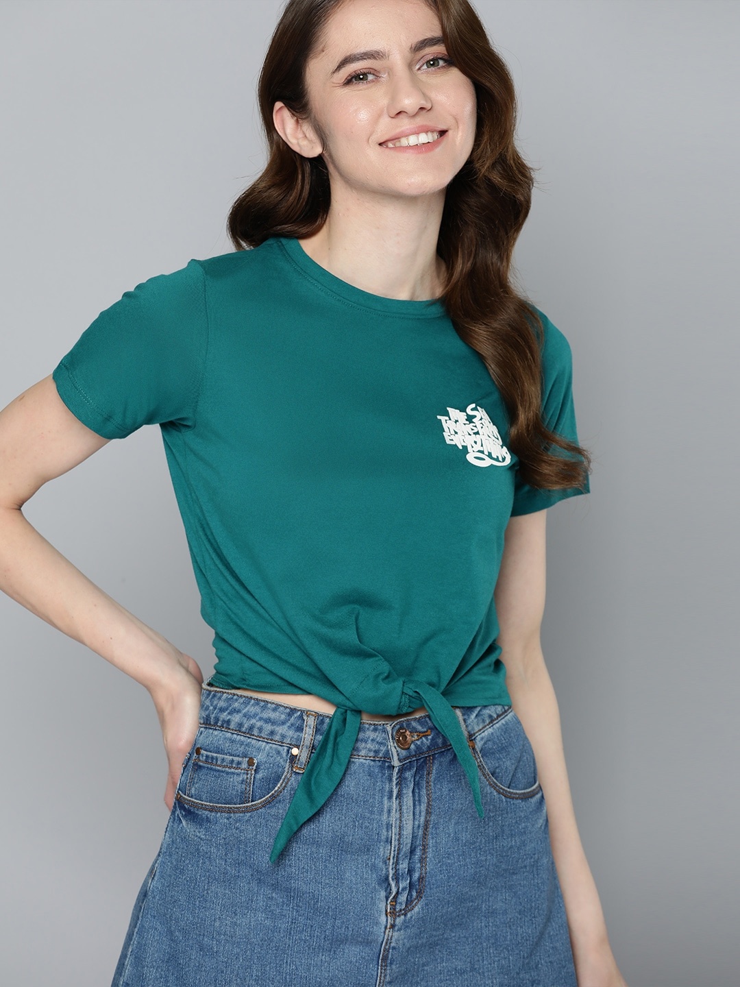 

Mast & Harbour Women Typography Printed T-shirt, Teal