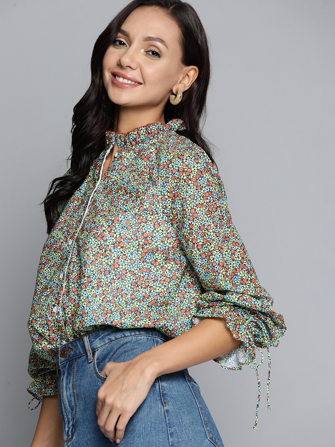 

Mast & Harbour Floral Print Puff Sleeve Shirt Style Top, Green