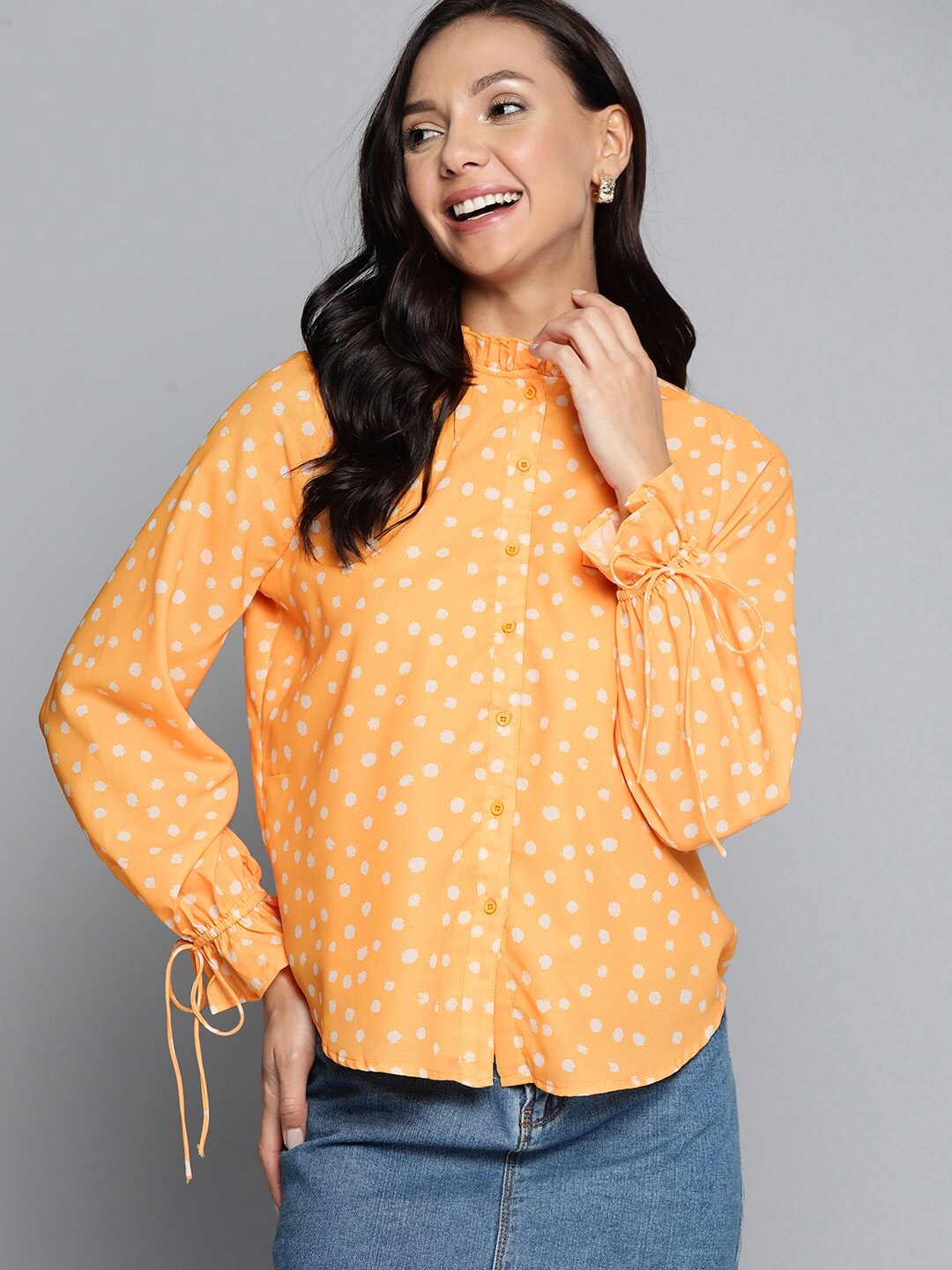 

Mast & Harbour Printed Puff Sleeve Shirt Style Top, Mustard