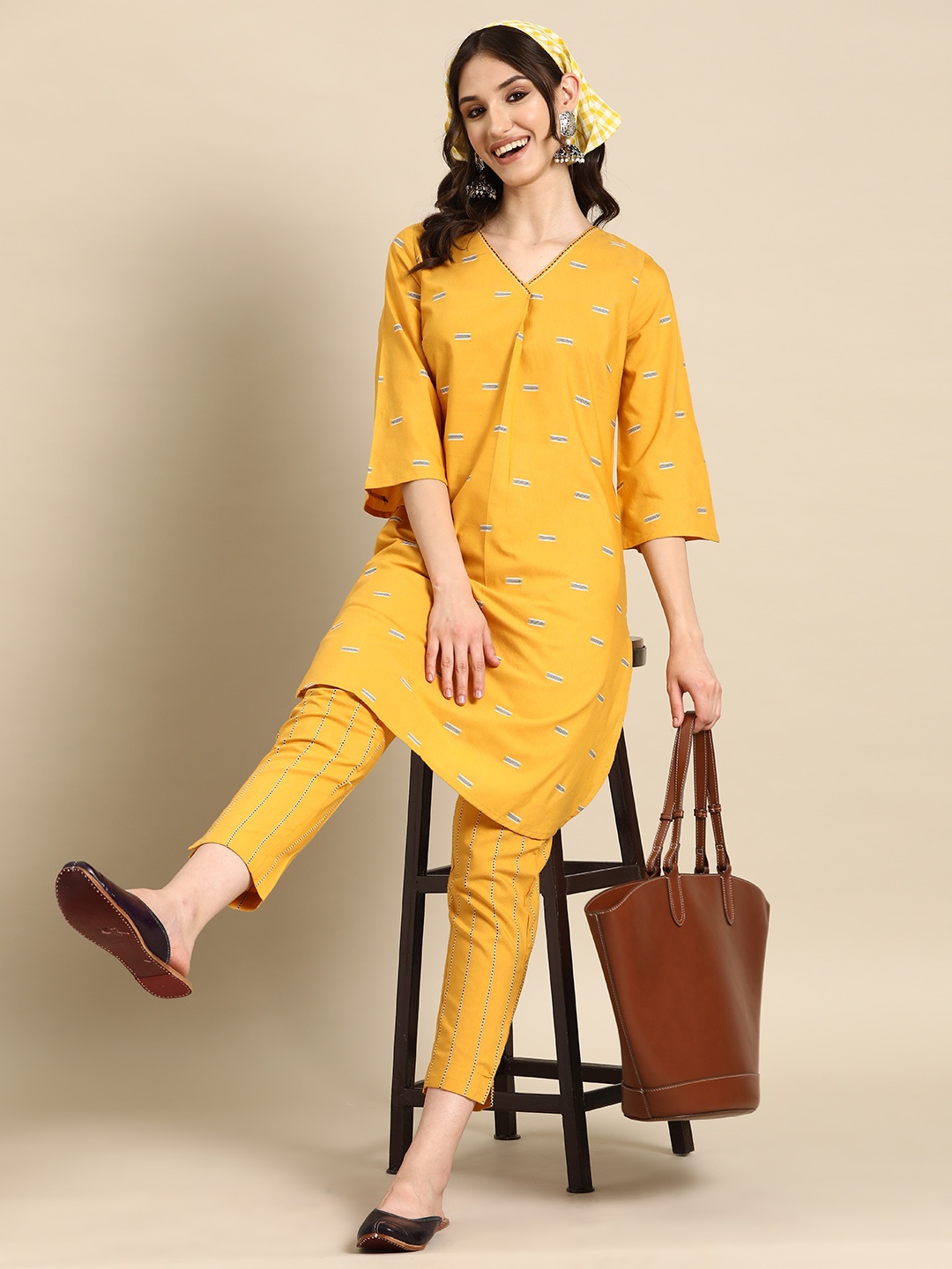 

Sangria Dobby Weave Kurta with Trousers, Mustard
