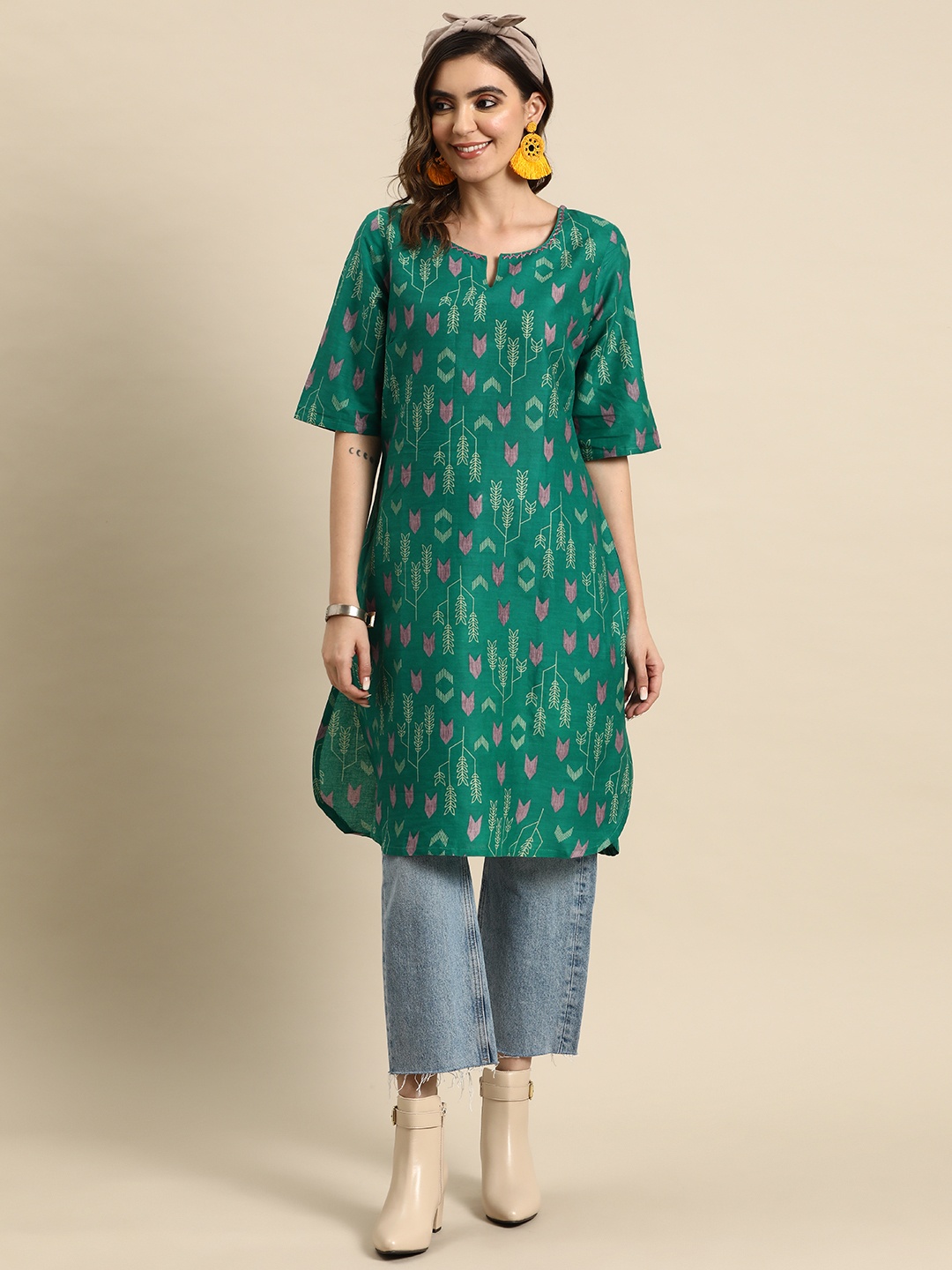 

Sangria Women Ethnic Motifs Printed Straight Kurta, Green