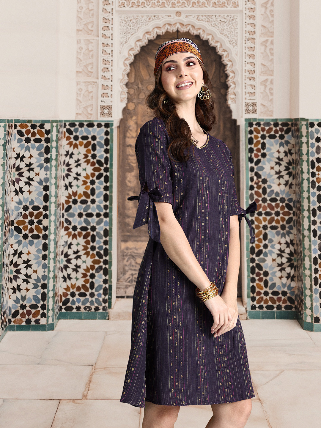 

Sangria Woven Design Ethnic A-Line Dress, Purple