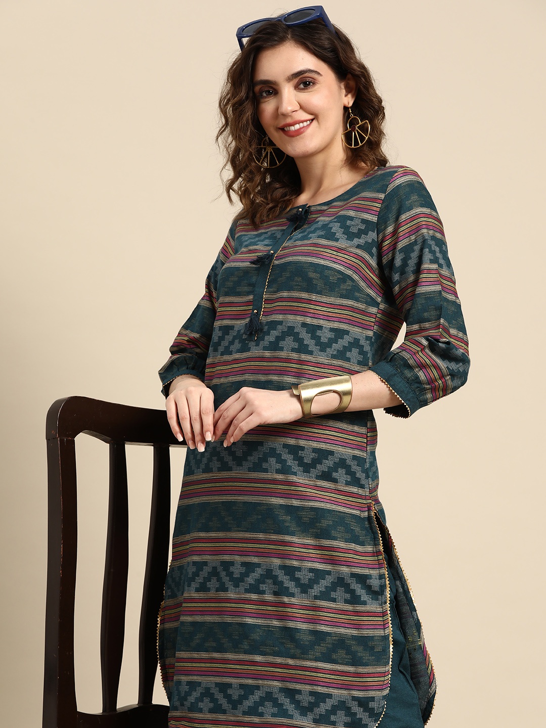 

Sangria Women Woven Design Pure Cotton Kurta with Palazzos, Teal