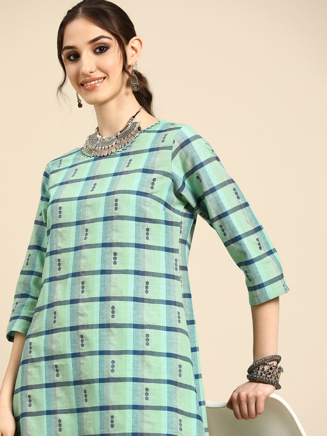 

Sangria Checked Woven Design Detailed A-Line Ethnic Dress, Blue