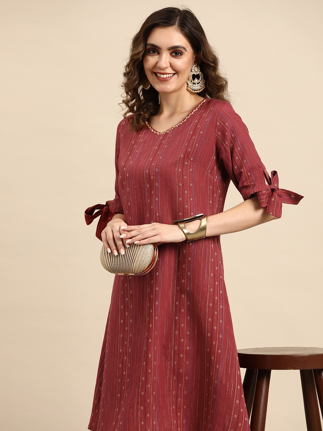 

Sangria Ethnic Motifs Woven Design A-Line Midi Dress, Rust