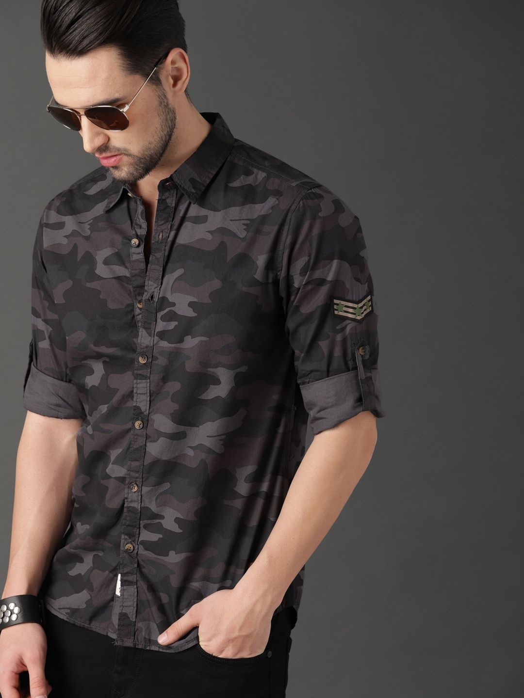 

Roadster Men Grey & Olive Green Camouflage Printed Casual Shirt