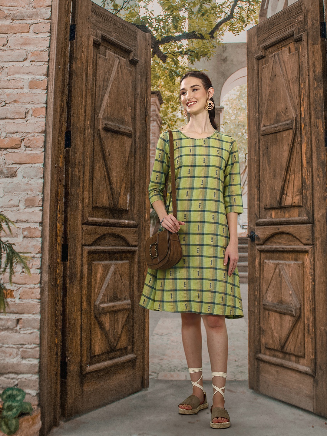 

Sangria Checked Woven Design Detailed A-Line Ethnic Dress, Green