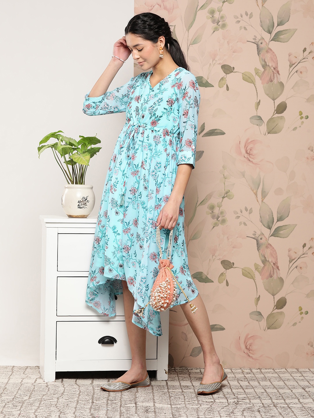 

Janasya Floral Print Roll-Up Sleeves Georgette Ethnic Dress, Blue