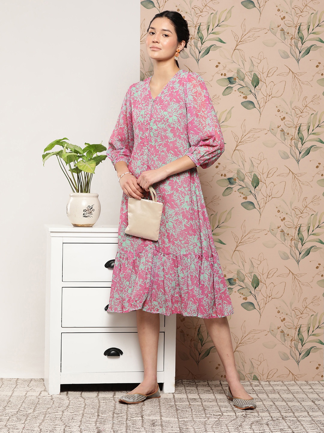 

Janasya Women Floral Printed Tiered A-line Ethnic Dress, Pink