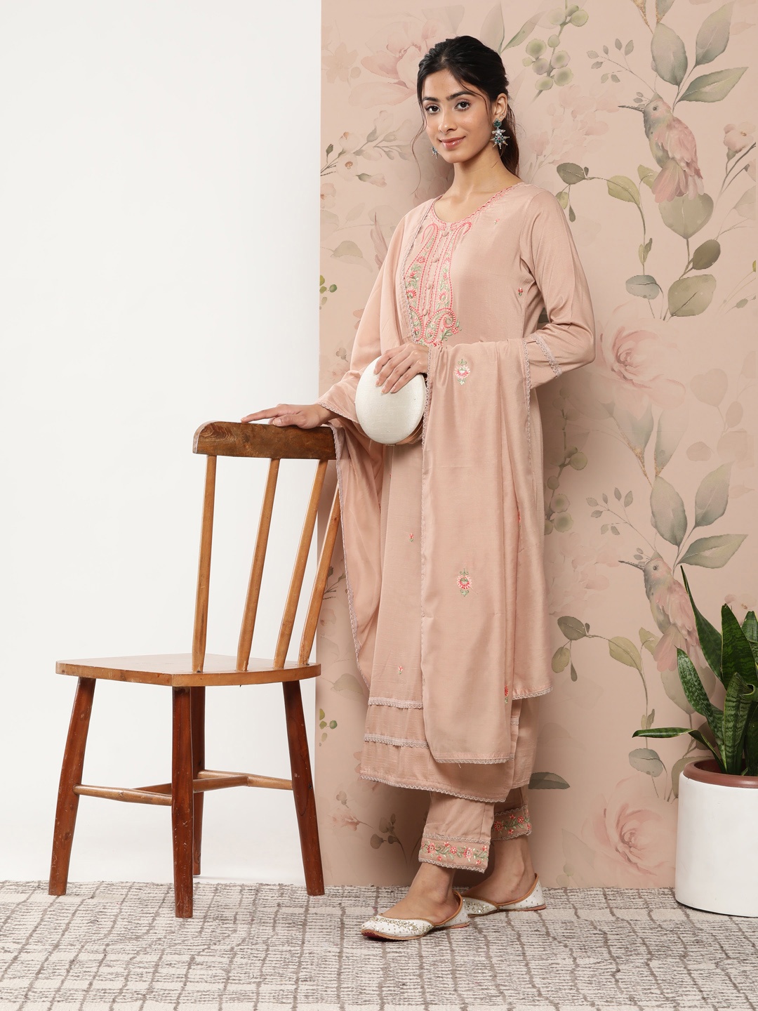 

Janasya Women Floral Embroidered Thread Work Kurta With Trousers & Dupatta, Beige
