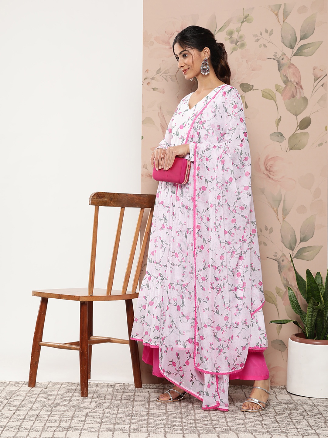 

Janasya Women White Floral Printed Pleated Kurta with Palazzos & With Dupatta
