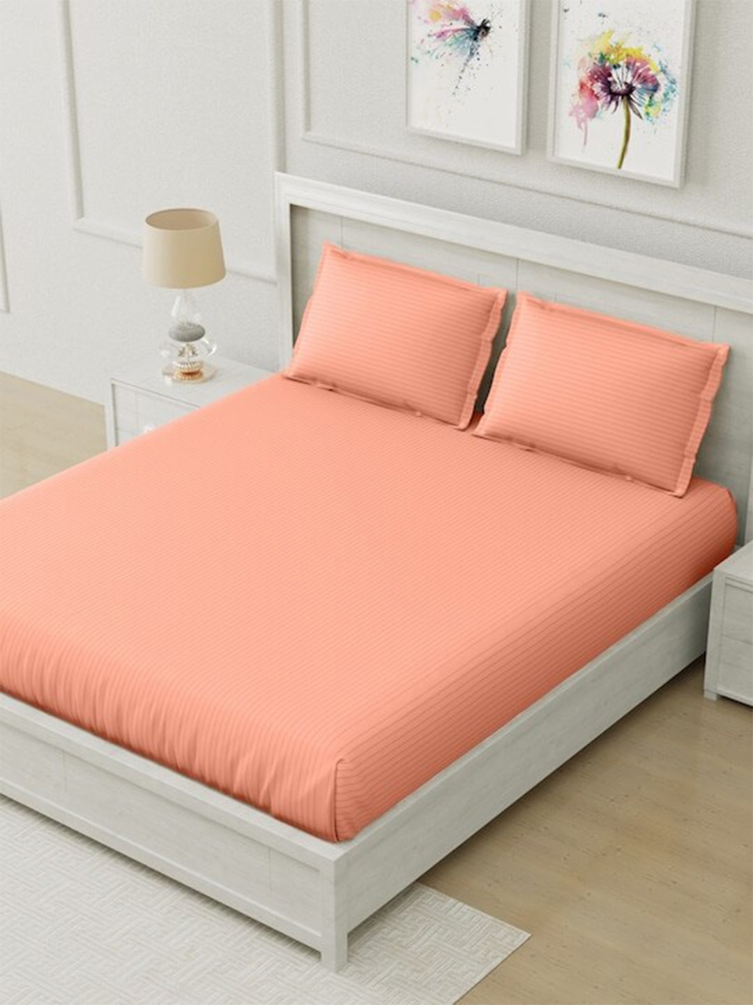 

Hammer Home Peach-Coloured Striped 200 TC Flat Cotton King Bedsheet with 2 Pillow Covers