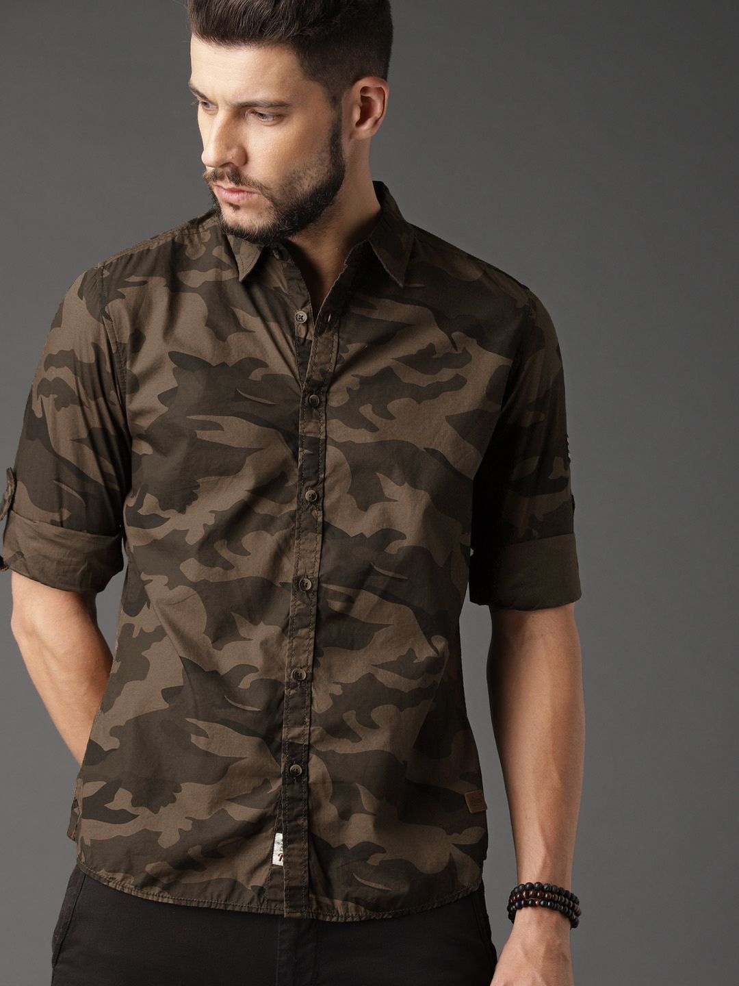 

Roadster Men Olive Brown Camouflage Printed Casual Shirt