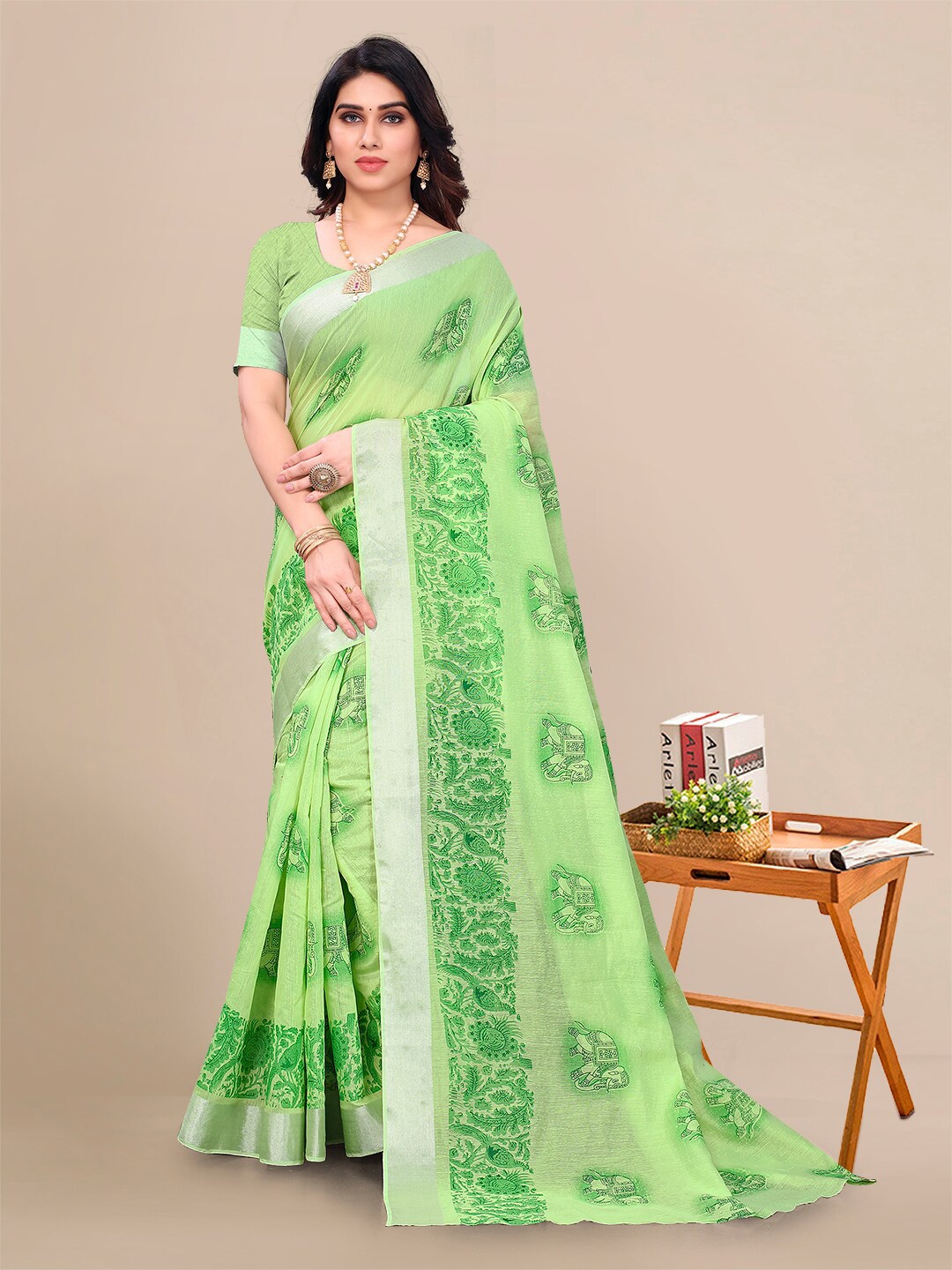 

Sidhidata Ethnic Motifs Pure Georgette Bandhani Saree, Lime green