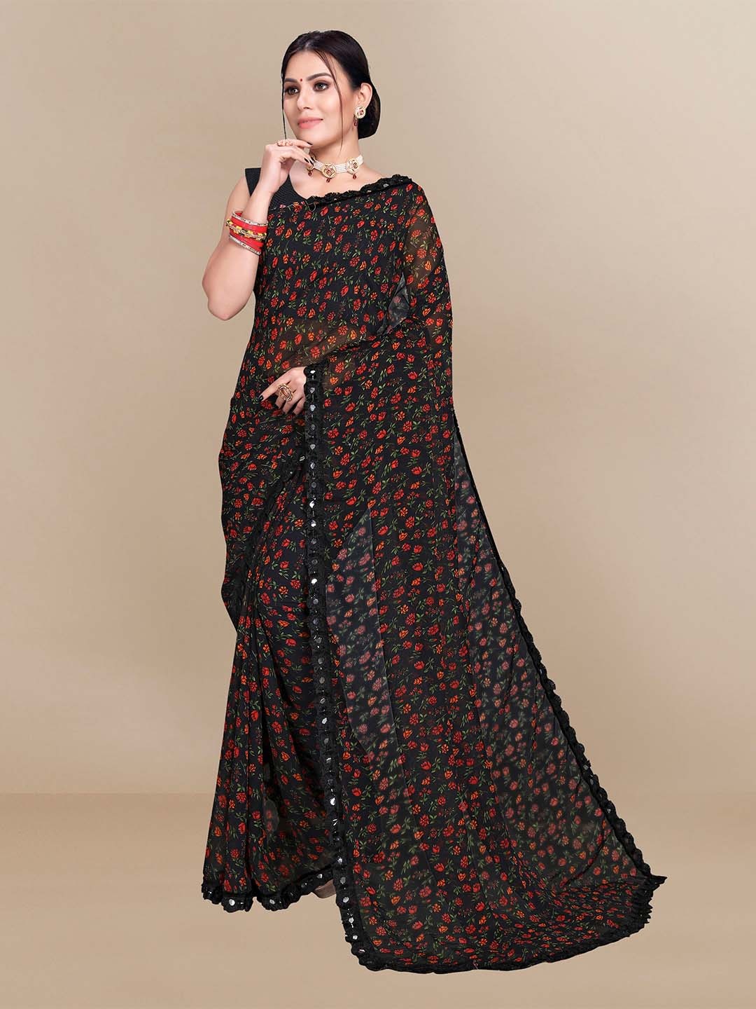 

Sidhidata Floral Pure Georgette Bandhani Saree, Black