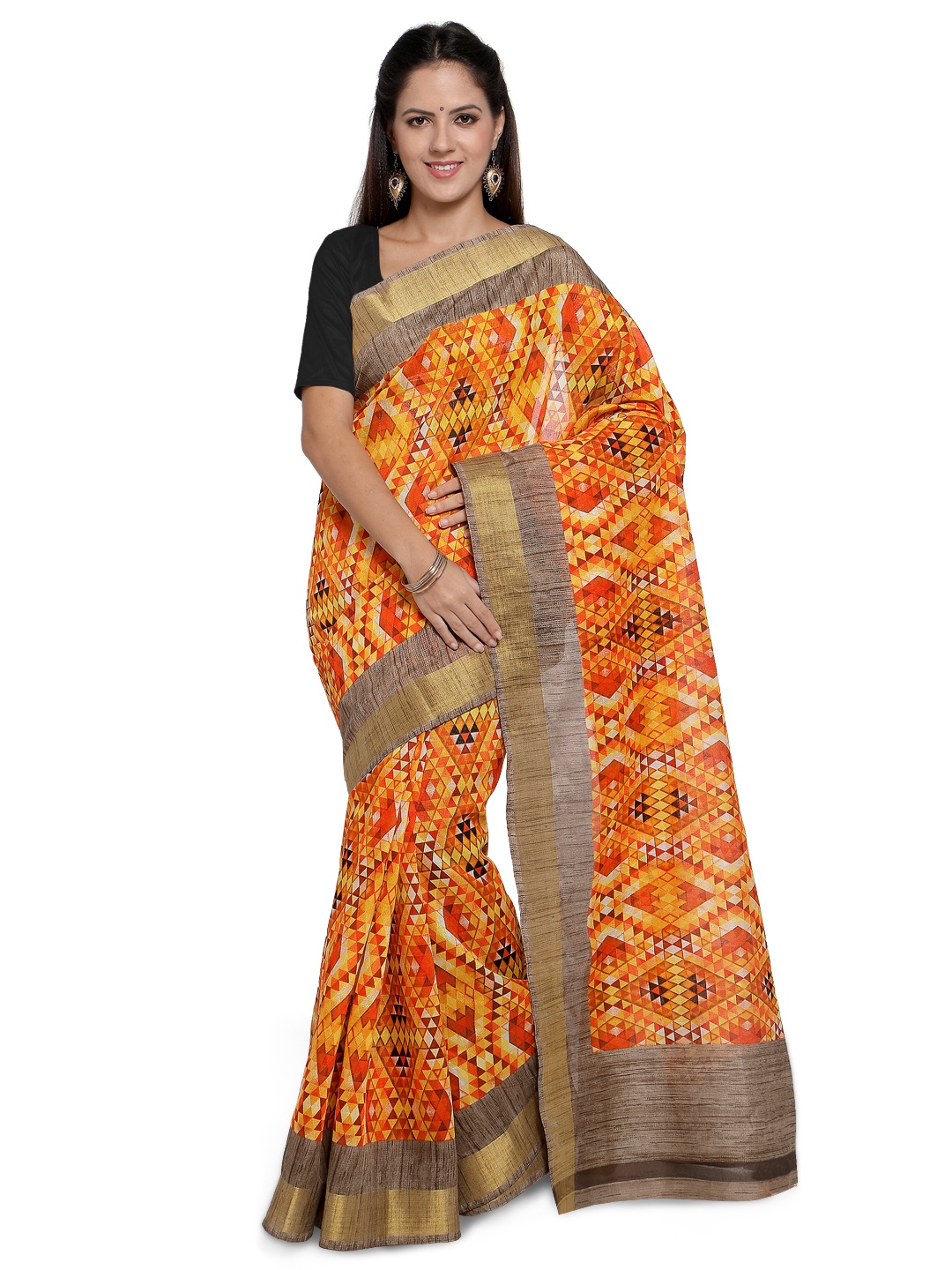 

Rajnandini Orange & Yellow Silk Blend Printed Ikat Saree