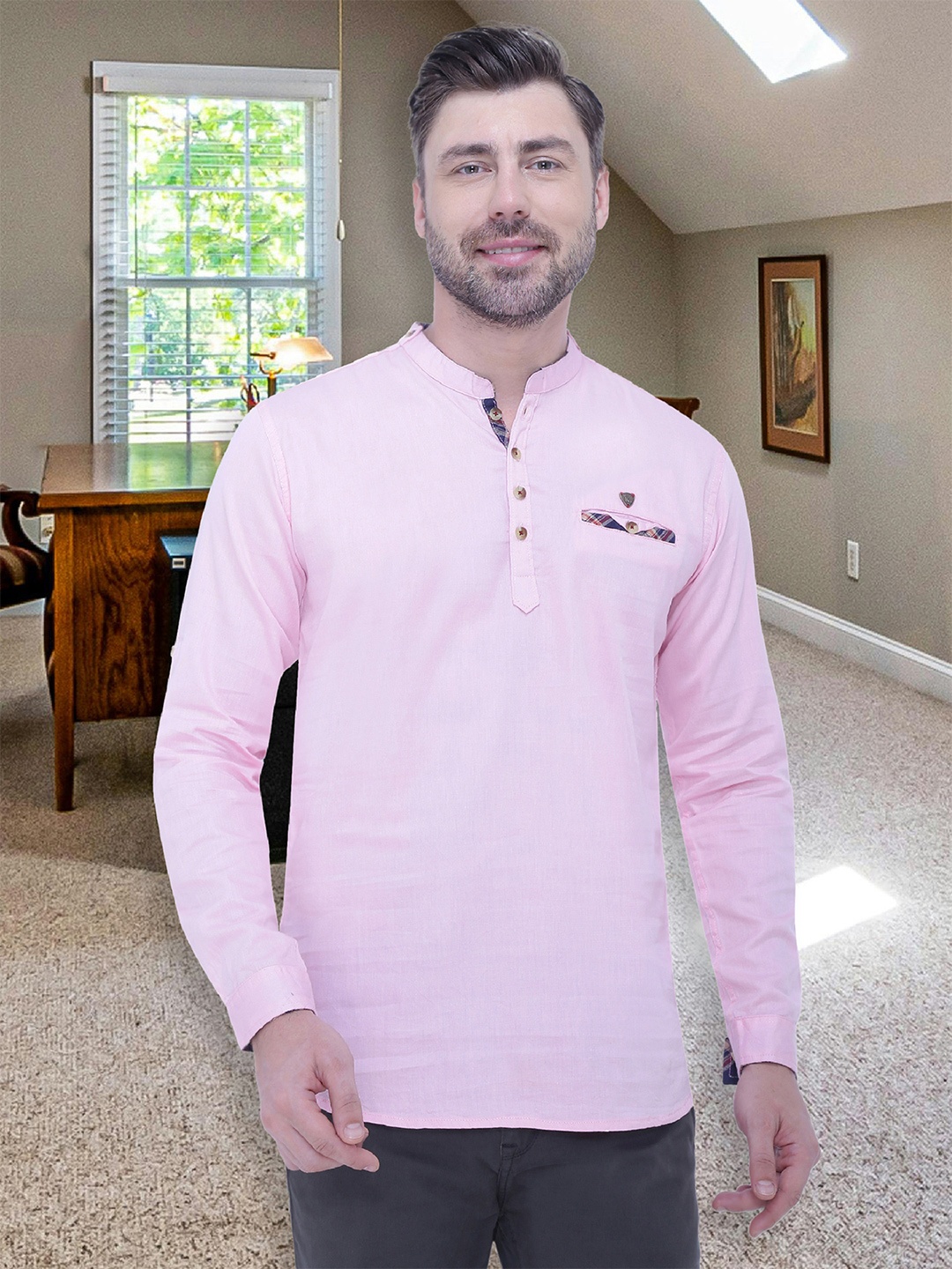 

Kuons Avenue Men Mandarin Collar Cotton Kurta, Pink