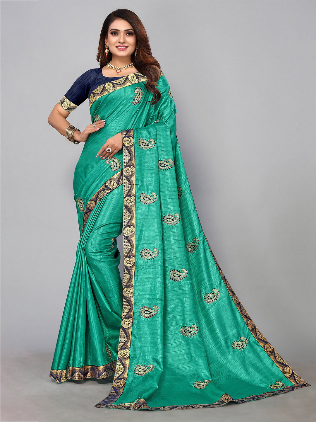 

KALINI Sea Paisley Zari Pure Silk Saree, Sea green