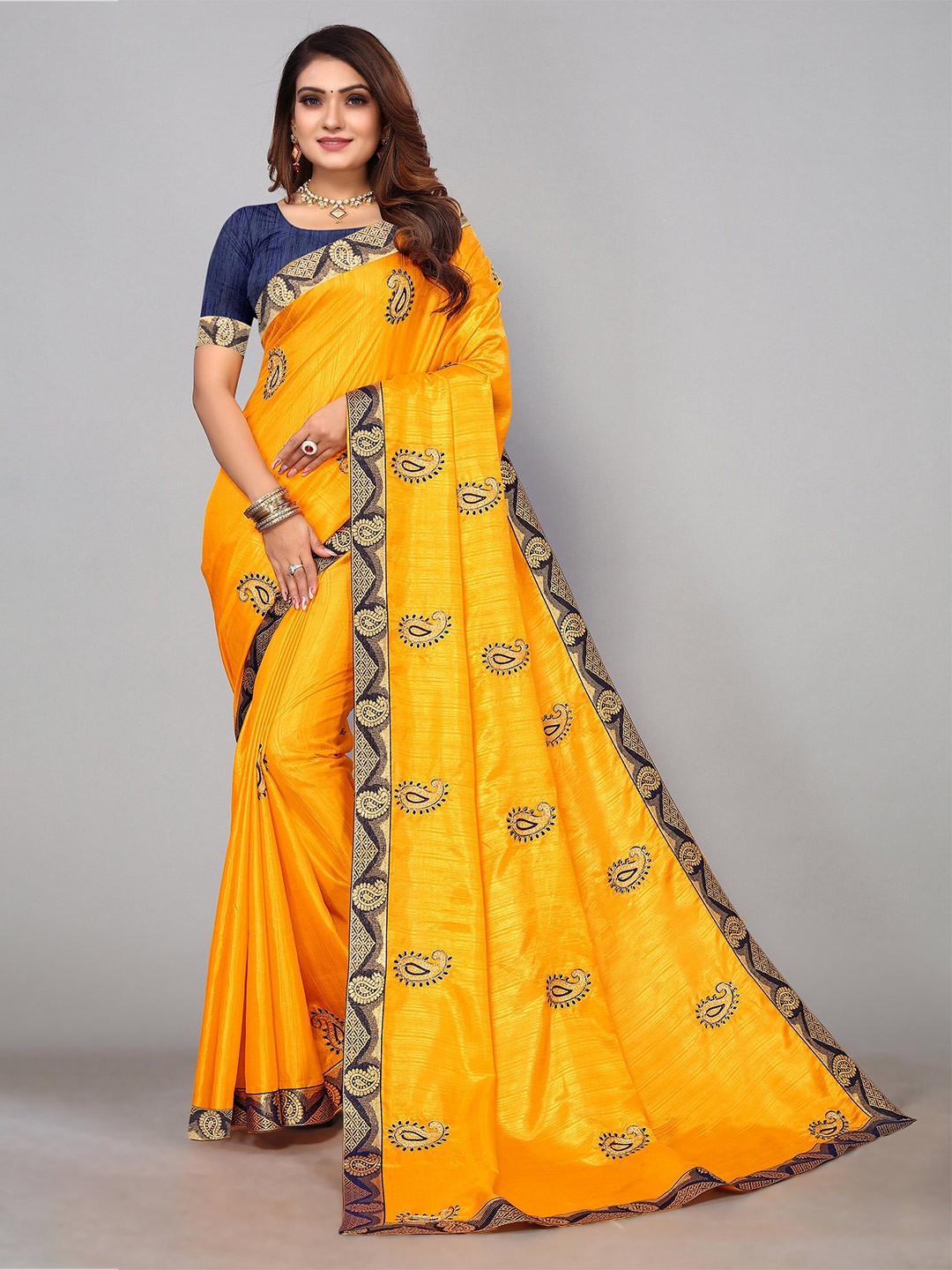 

KALINI Paisley Embroidered Pure Silk Saree, Yellow