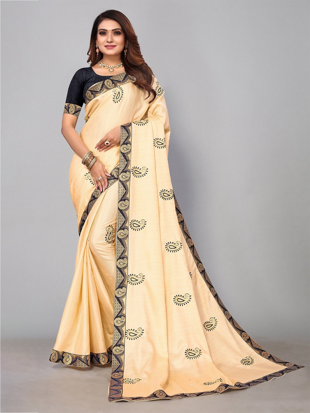

KALINI Paisley Embroidered Pure Silk Saree, Beige