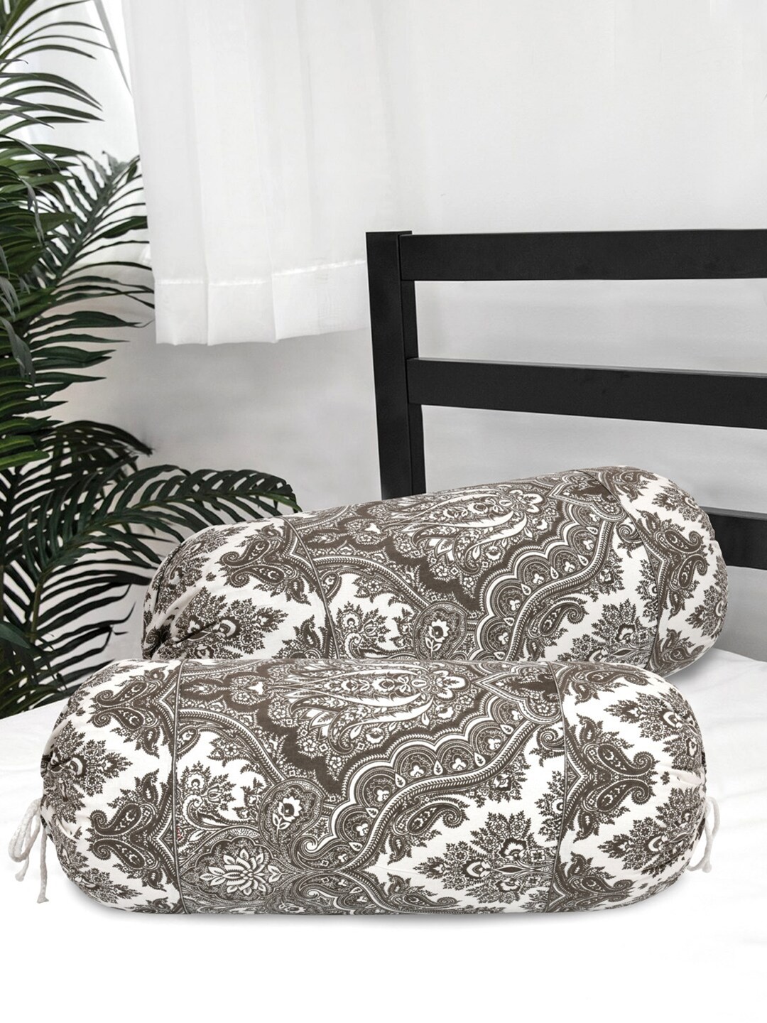 

Clasiko White & Grey 2 Pieces Ethnic Motifs Printed 220 TC Cotton Bolster Covers