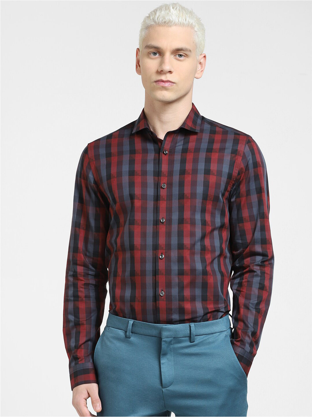 

Jack & Jones Men Checked Slim Fit Cotton Formal Shirt, Red