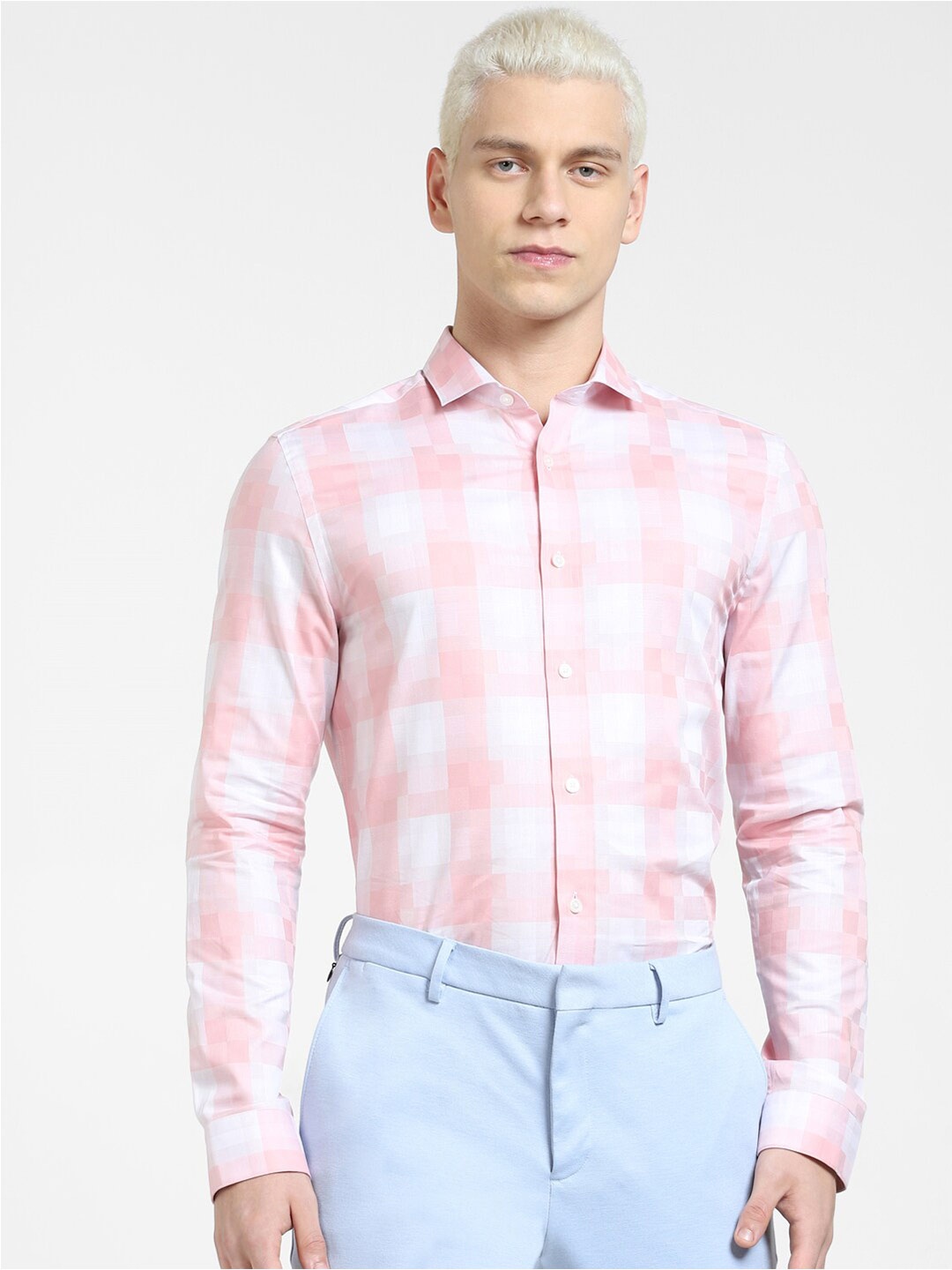 

Jack & Jones Men Slim Fit Checked Cotton Casual Shirt, Pink